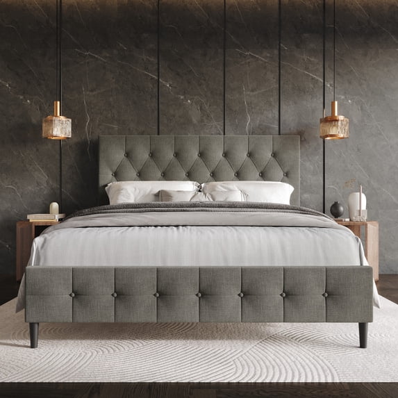Home Design Socorro Queen Tufted Upholstered Platform Bed with Button-Tufted Headboard and Slat Support, Gray, Easy Assembly