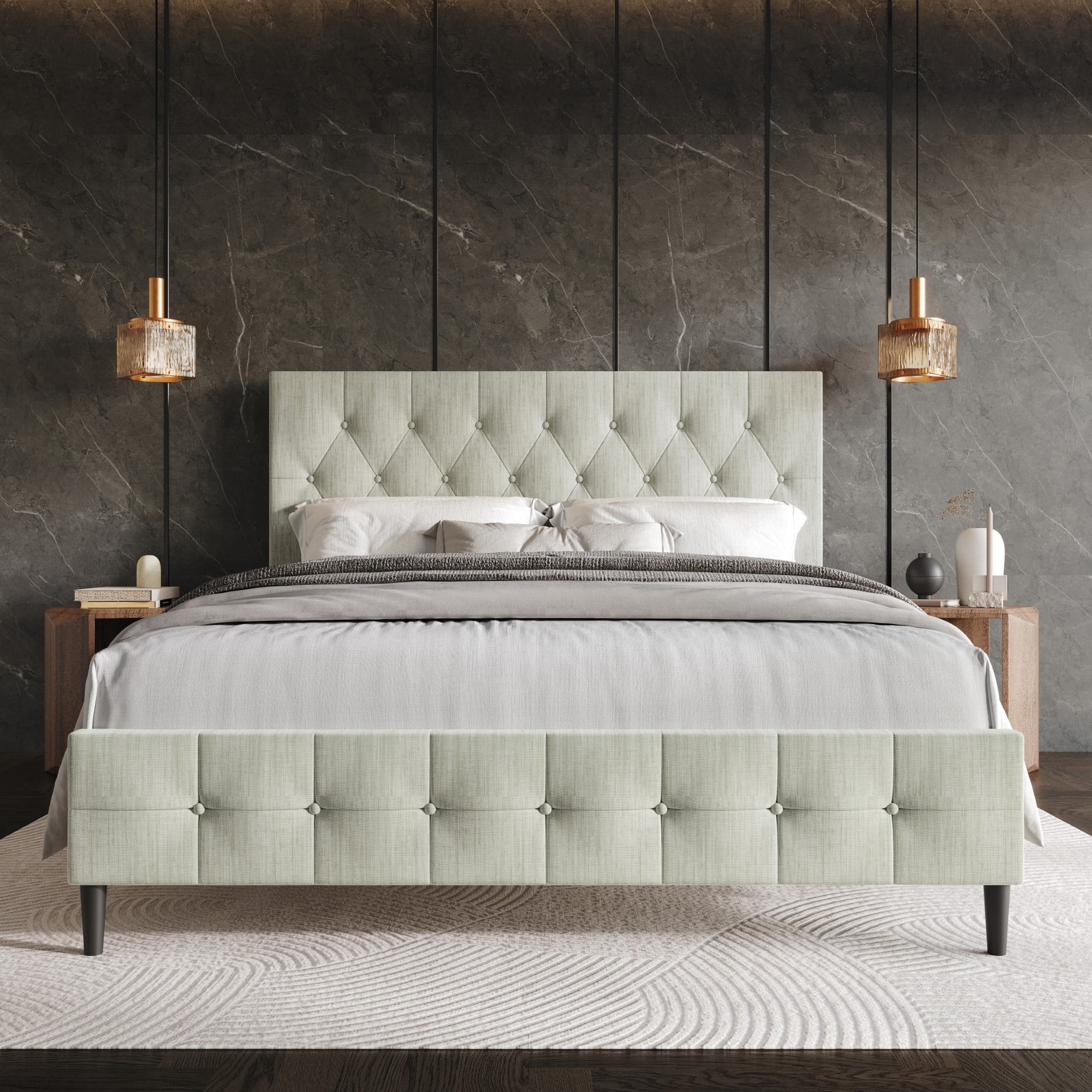 Home Design Socorro Twin Tufted Upholstered Platform Bed with Button-Tufted Headboard and Slat Support, Light Gray, Easy Assembly