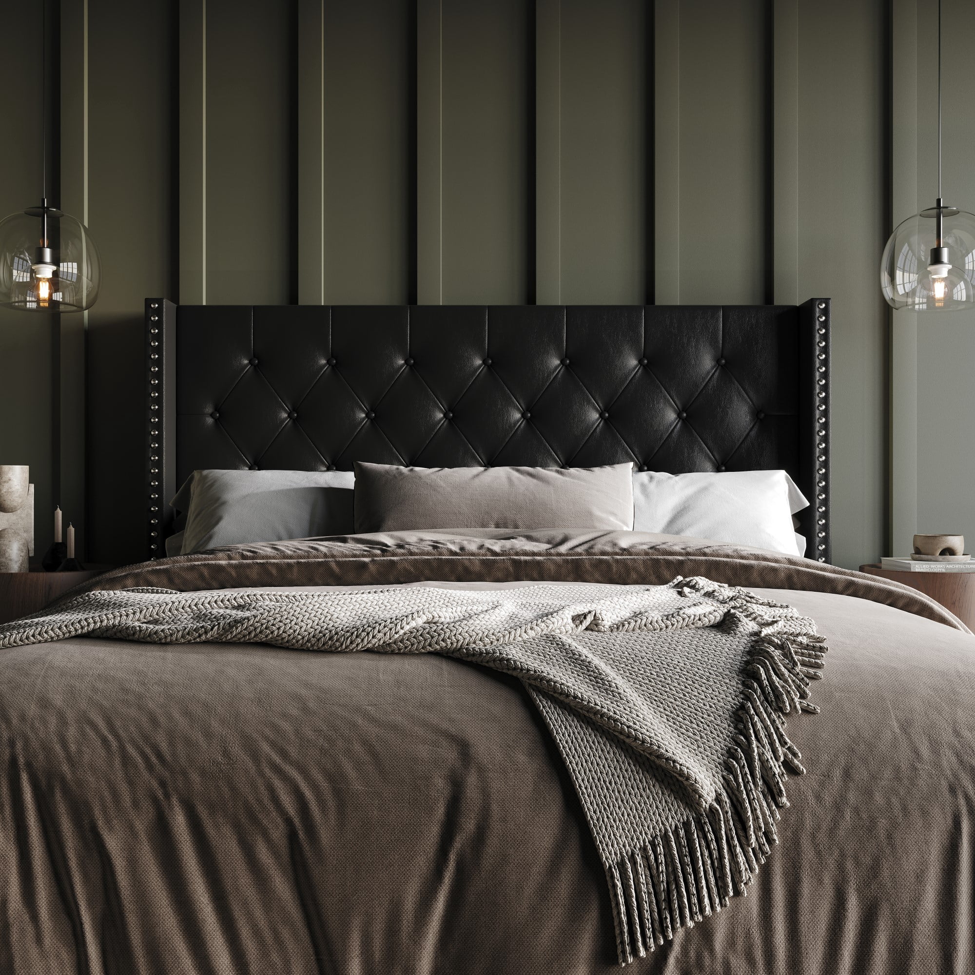 Home Design Sonoma Full Tufted Upholstered Headboard with Wingback Design and Nailhead Trim, Black, Easy Assembly