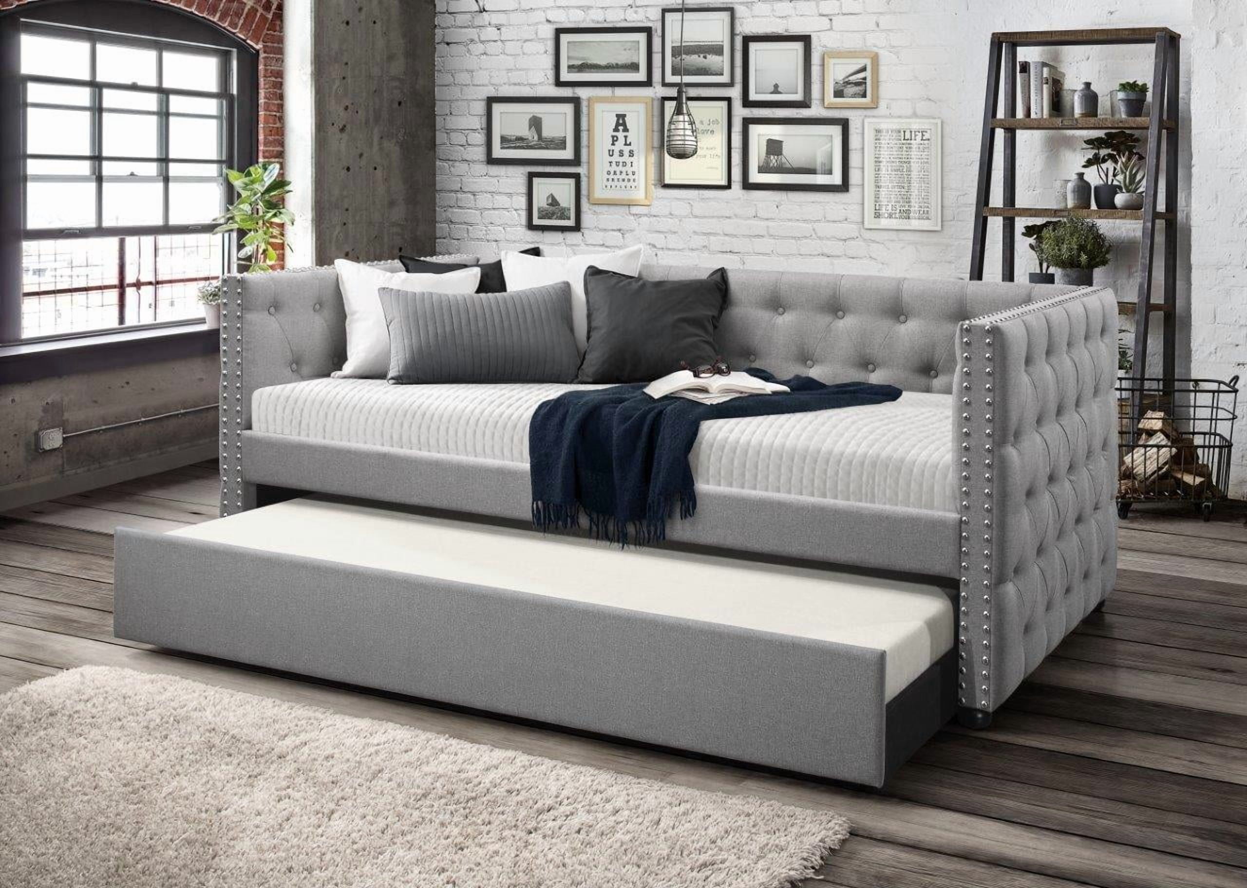 Home Design Solace Twin Daybed – Light Gray Upholstered Frame with Storage-Ready Design