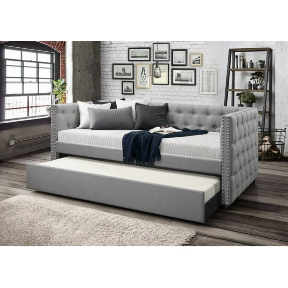 Home Design Solace Twin Daybed – Light Gray Upholstered Frame with Storage-Ready Design