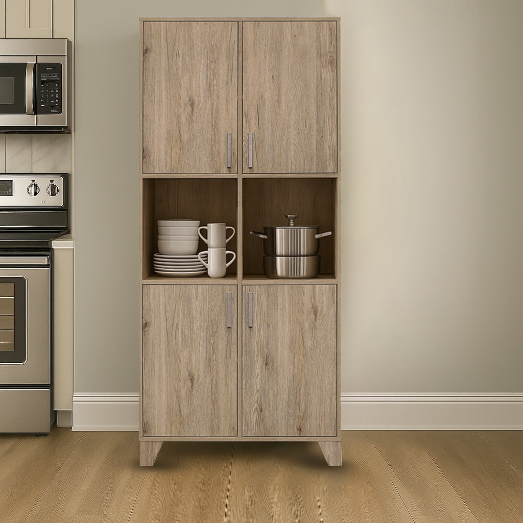 Home Design Stella Kitchen Storage Cabinet with 2 Open Shelves, 4 Doors, Metal Handles, and Wooden Legs, Modern Rectangular Design for Organized Living Space, Light Oak