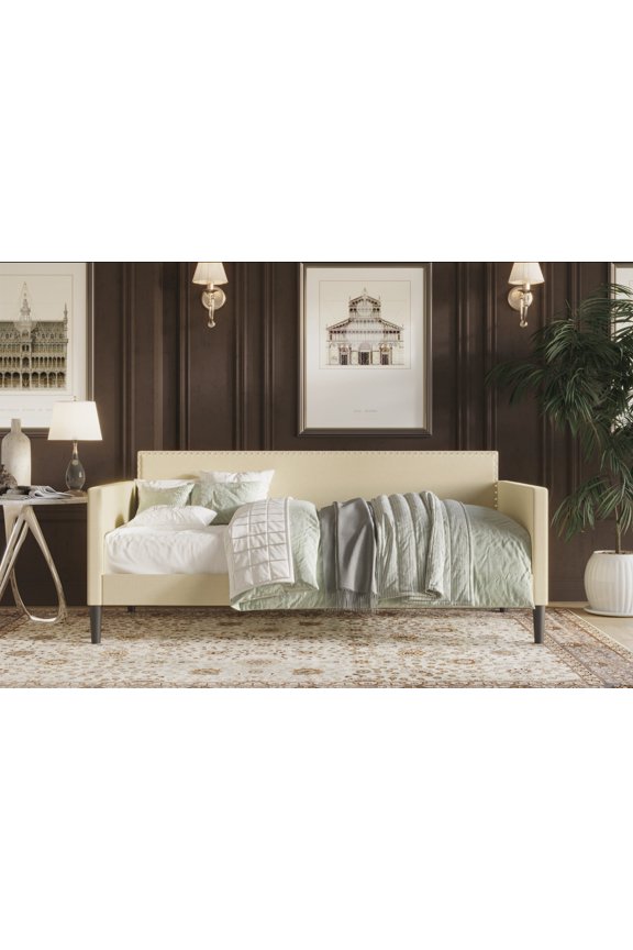 Sutton Twin Daybed with Upholstered Frame, Square Arms, Nailhead Trim, Comfortable Polyester Fabric, Stylish Seating and Sleeping Solution, Beige