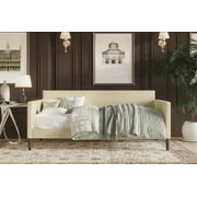 Home Design Sutton Twin Daybed with Upholstered Frame, Square Arms, Nailhead Trim, Comfortable Polyester Fabric, Stylish Seating and Sleeping Solution, Beige