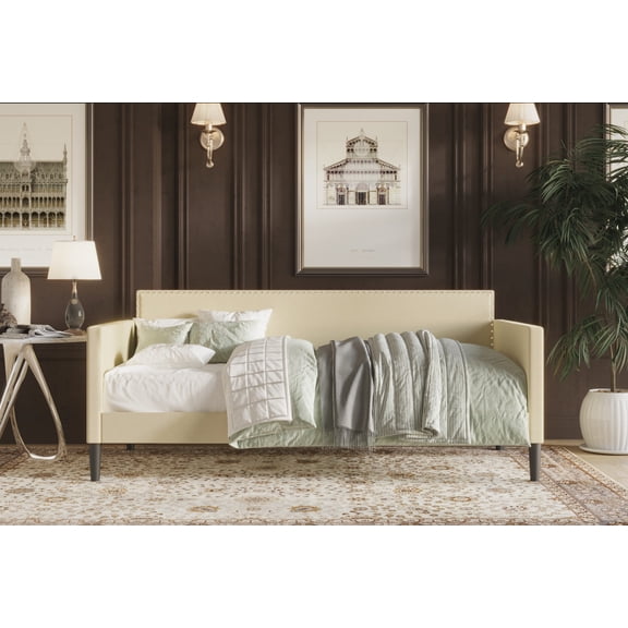 Home Design Sutton Twin Daybed with Upholstered Frame, Square Arms, Nailhead Trim, Comfortable Polyester Fabric, Stylish Seating and Sleeping Solution, Beige