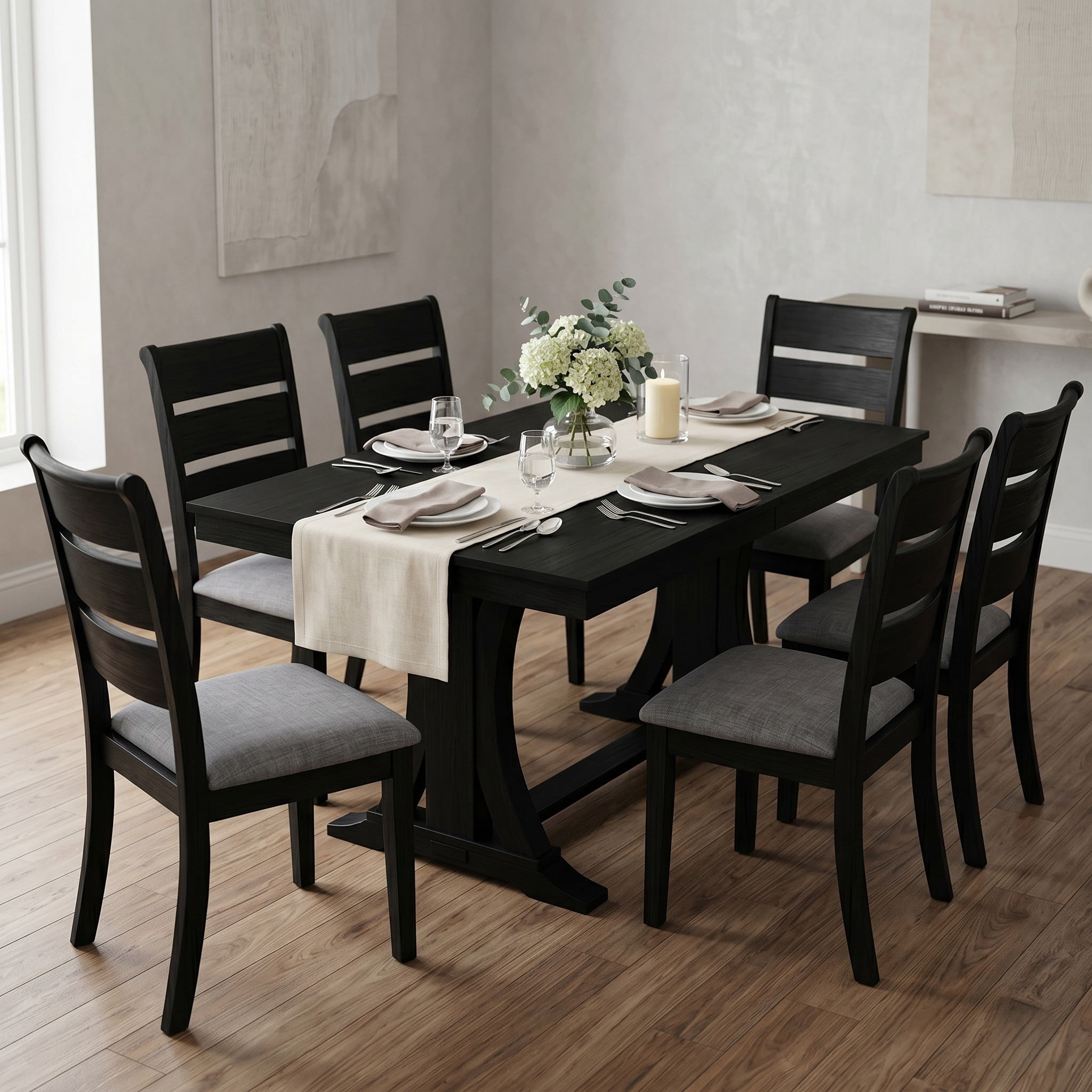Home Design Talon 7-Piece Dining Set, Rectangular Table with Ladder-Back Cushioned Chairs, Trestle Base, Traditional, Black