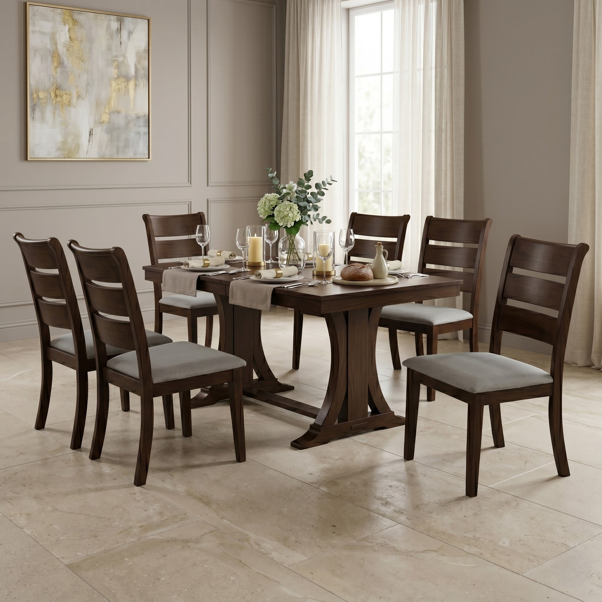Home Design Talon 7-Piece Dining Set, Rectangular Table with Ladder-Back Cushioned Chairs, Trestle Base, Traditional, Brown