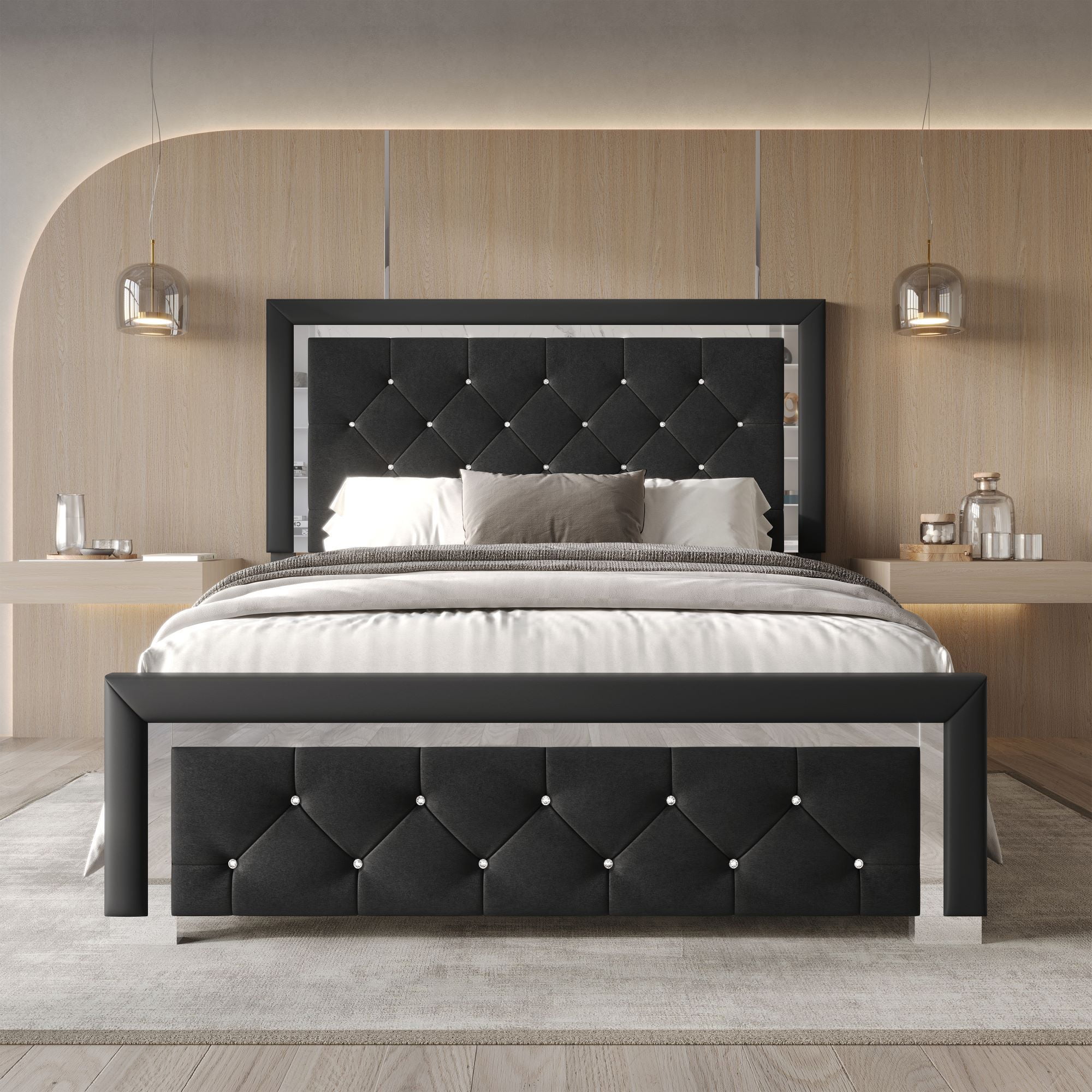 Home Design Toccoa Full Upholstered Panel Bed Frame with Diamond Button-Tufted Headboard and Silver Metal Accents, Black, Easy Assembly