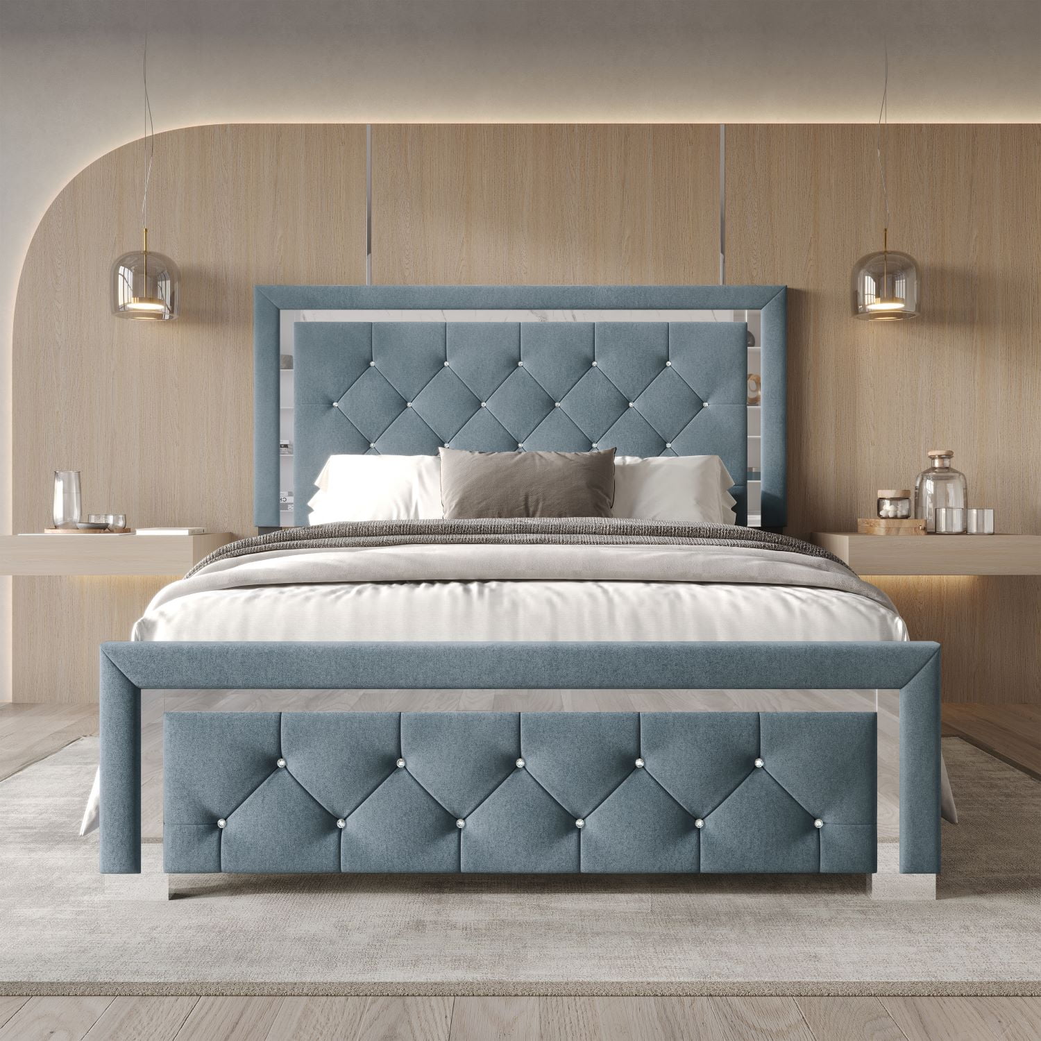 Home Design Toccoa Full Upholstered Panel Bed Frame with Diamond Button-Tufted Headboard and Silver Metal Accents, Blue, Easy Assembly
