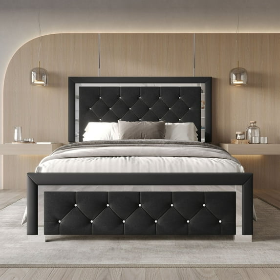 Home Design Toccoa King Upholstered Panel Bed Frame with Diamond Button-Tufted Headboard and Silver Metal Accents, Black, Easy Assembly