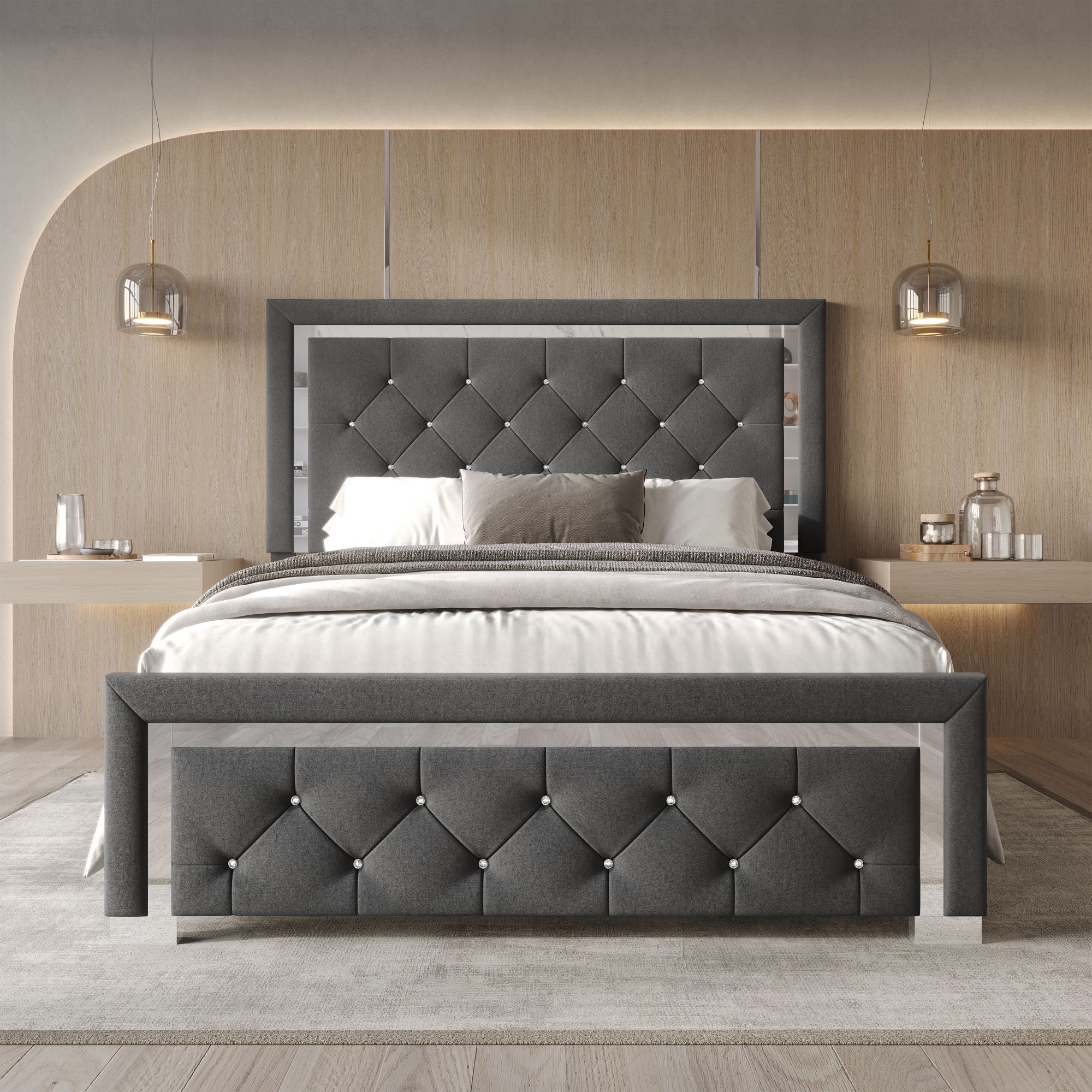 Home Design Toccoa King Upholstered Panel Bed with Diamond Button-Tufted Headboard and Silver Metal Accents, Dark Gray