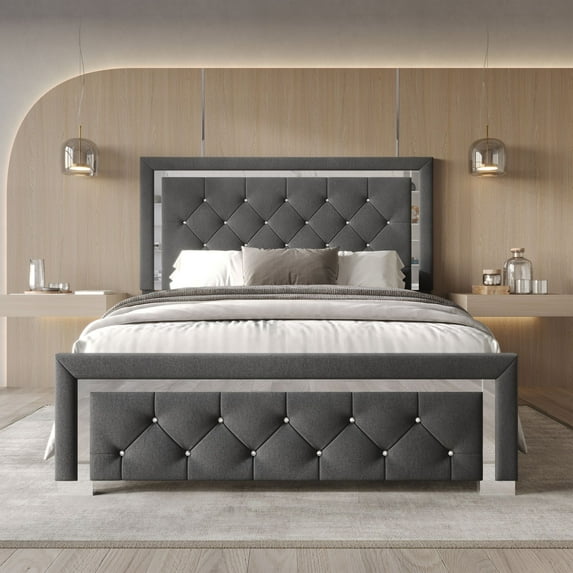 Home Design Toccoa Queen Upholstered Panel Bed with Diamond Button-Tufted Headboard and Silver Metal Accents, Dark Gray