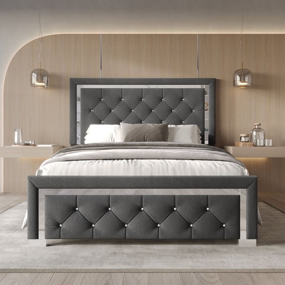 Home Design Toccoa Twin Upholstered Panel Bed with Diamond Button-Tufted Headboard and Silver Metal Accents, Dark Gray