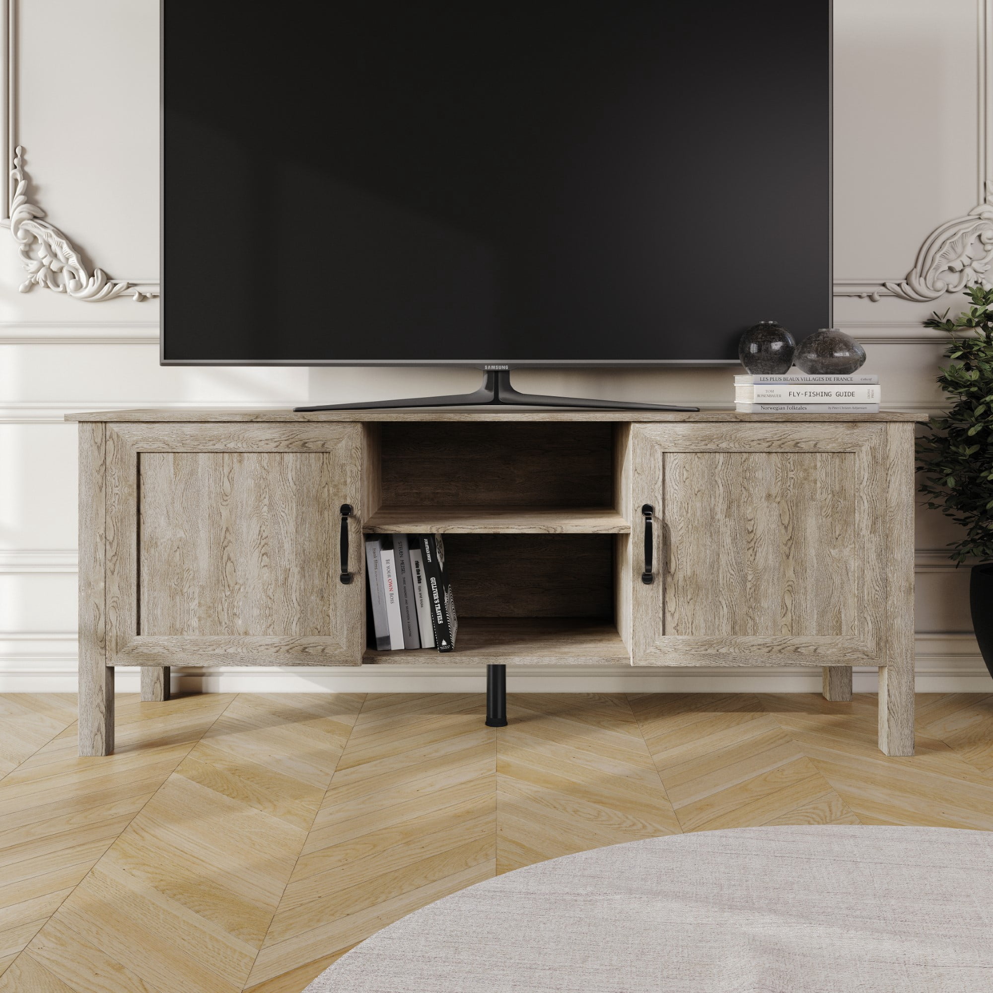 Home Design Topeka 55" TV Stand with Open Shelves and Storage Compartments, Modern Rustic Design for Living Room, Antique Gray