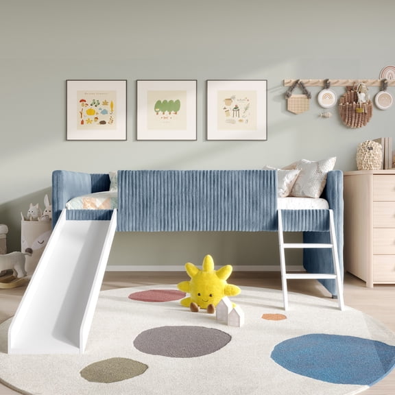 Home Design Totowa Kids Upholstered Low Loft Bed with Slide & Ladder, Soft Corduroy Fabric Twin Loft Bed for Boys & Girls, Light Blue