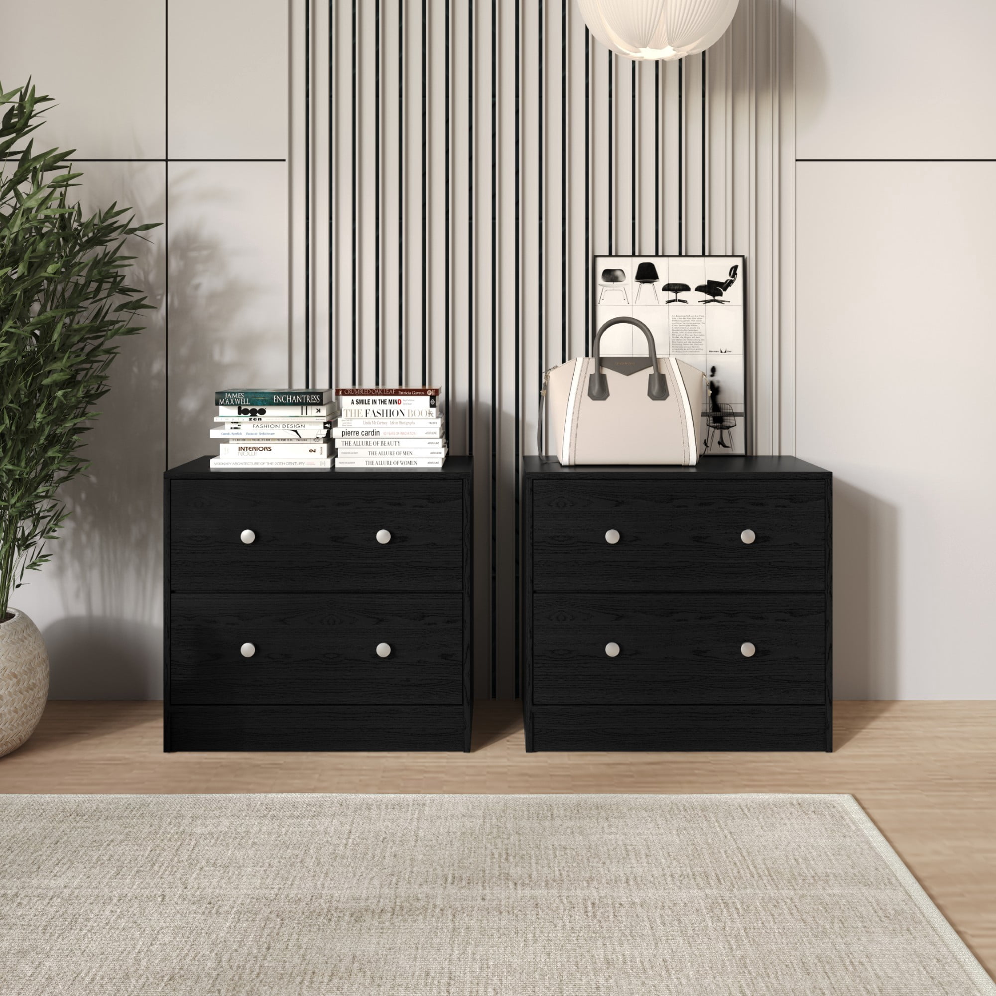 Home Design Trenton 2-Drawer Nightstand, Set of 2, Modern Side Tables for Bedroom, Black