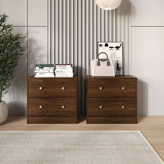 Home Design Trenton 2-Drawer Nightstand, Set of 2, Modern Side Tables for Bedroom, Brown