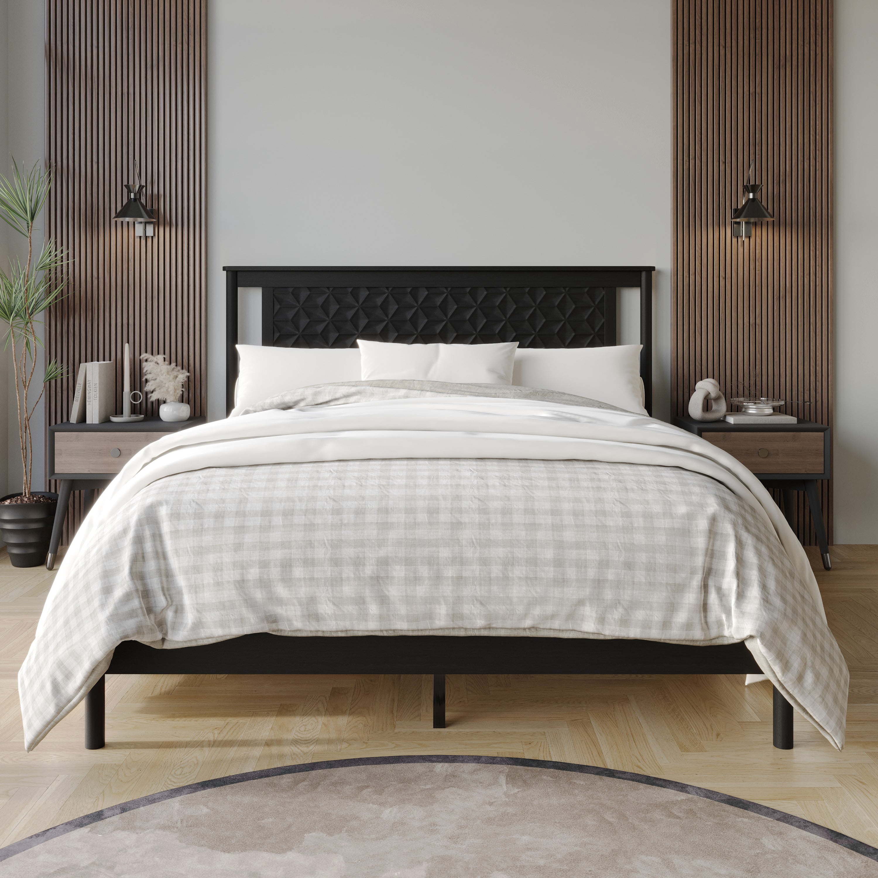 Home Design Tuskegee Full Panel Bed Frame with Geometric Headboard and Solid Wood Frame, Black, Box Spring Required, Easy Assembly