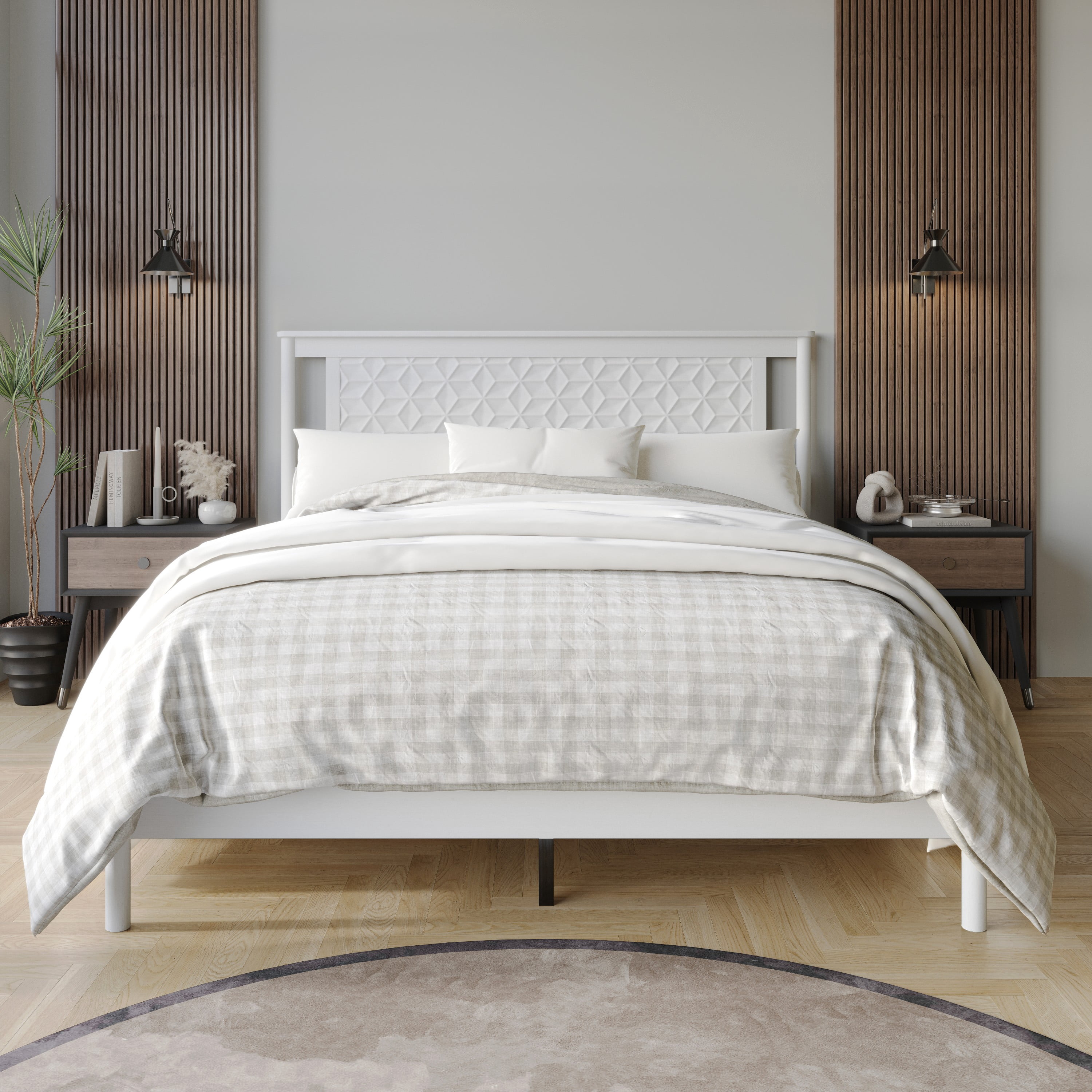 Home Design Tuskegee King Panel Bed Frame with Geometric Headboard and Solid Wood Frame, White, Box Spring Required, Easy Assembly