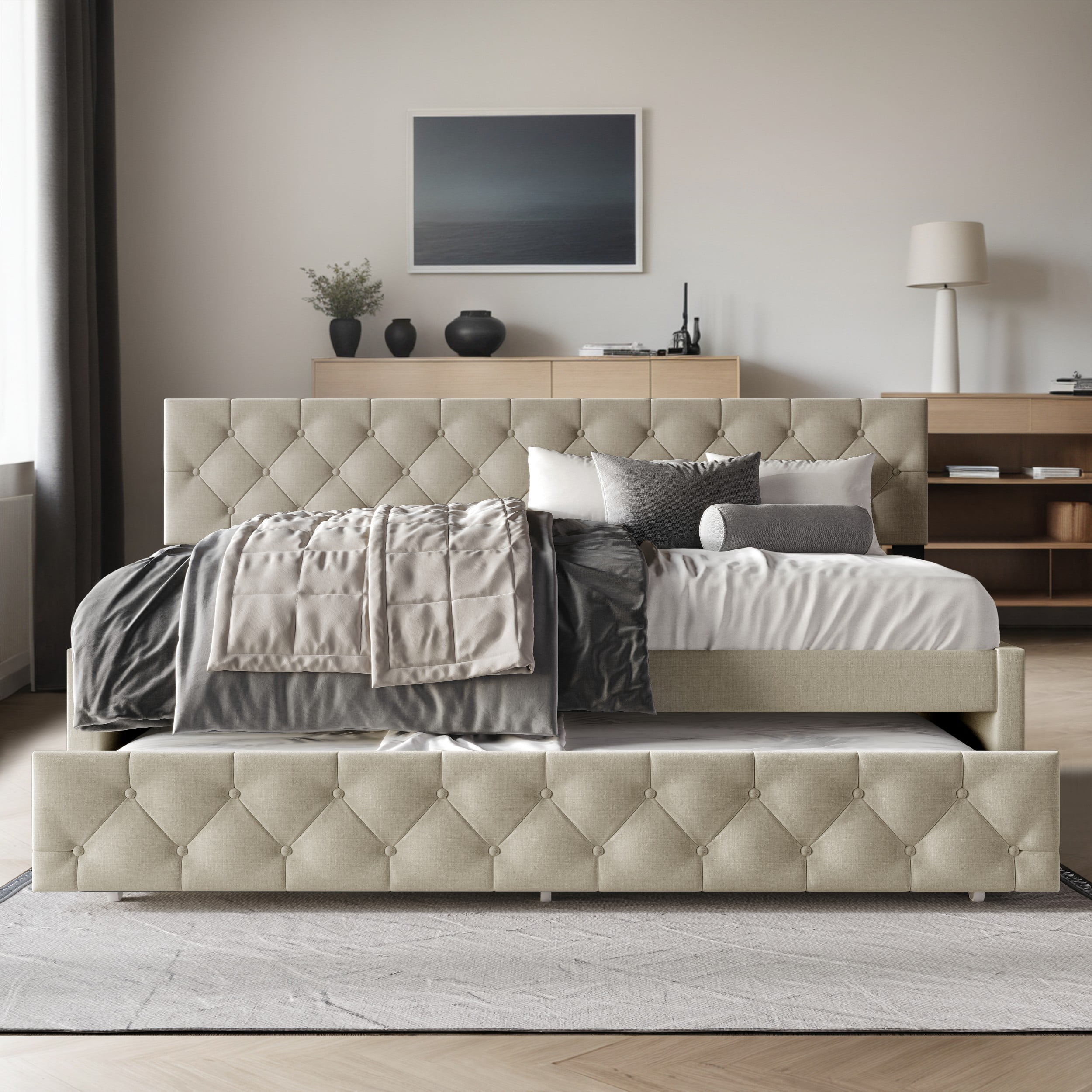 Home Design Tyler Twin Daybed with Trundle, Linen Upholstery, Button-Tufted Design, Foam Padding, Pull-Out Trundle, Stylish Seating and Sleeping Solution, Warm Gray