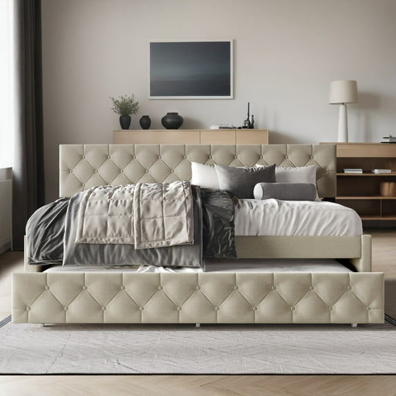 Home Design Tyler Twin Daybed with Trundle, Linen Upholstery, Button-Tufted Design, Foam Padding, Pull-Out Trundle, Stylish Seating and Sleeping Solution, Warm Gray