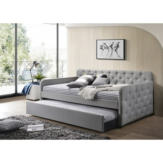 Home Design Uma Twin Daybed with Linen Upholstery, Button-Tufted Back, Track Arms, and Pull-Out Trundle, Comfortable Seating and Sleeping, Gray