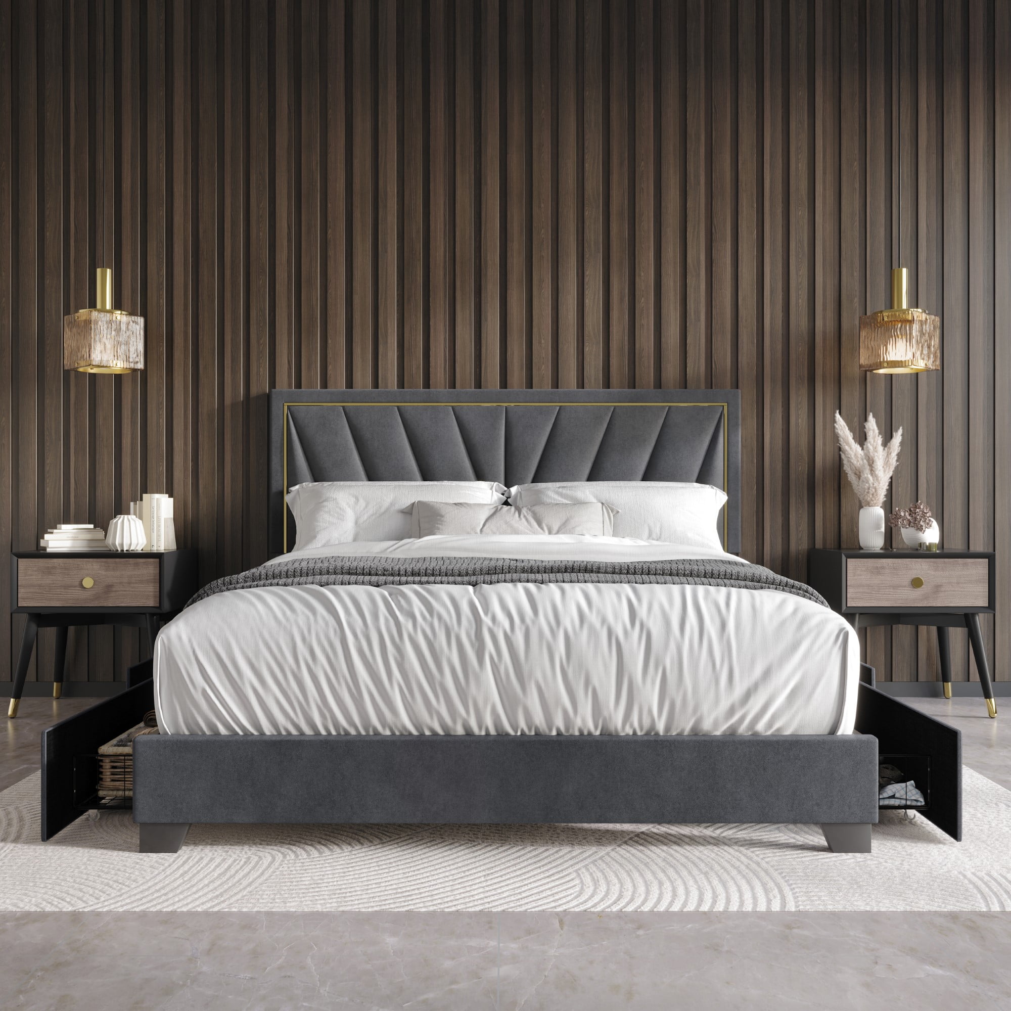 Home Design Valdez Full Upholstered Storage Platform Bed Frame with Gold Aluminum Trim and Four Under-Drawers, Dark Gray, Easy Assembly