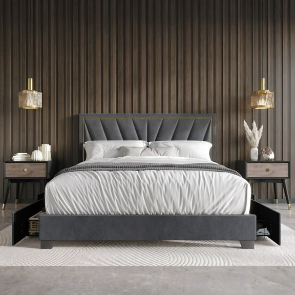 Home Design Valdez Full Upholstered Storage Platform Bed Frame with Gold Aluminum Trim and Four Under-Drawers, Dark Gray, Easy Assembly
