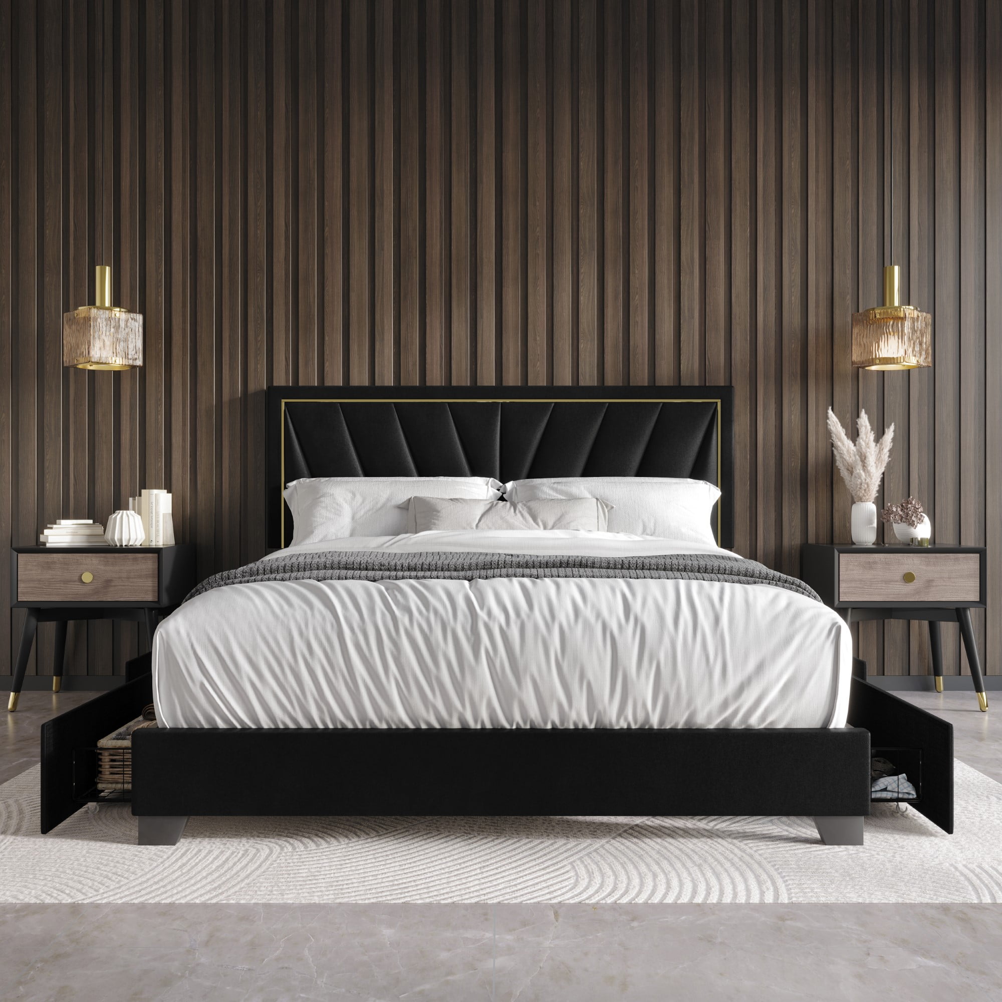 Home Design Valdez Queen Upholstered Storage Platform Bed Frame with Gold Aluminum Trim and Four Under-Drawers, Black, Easy Assembly