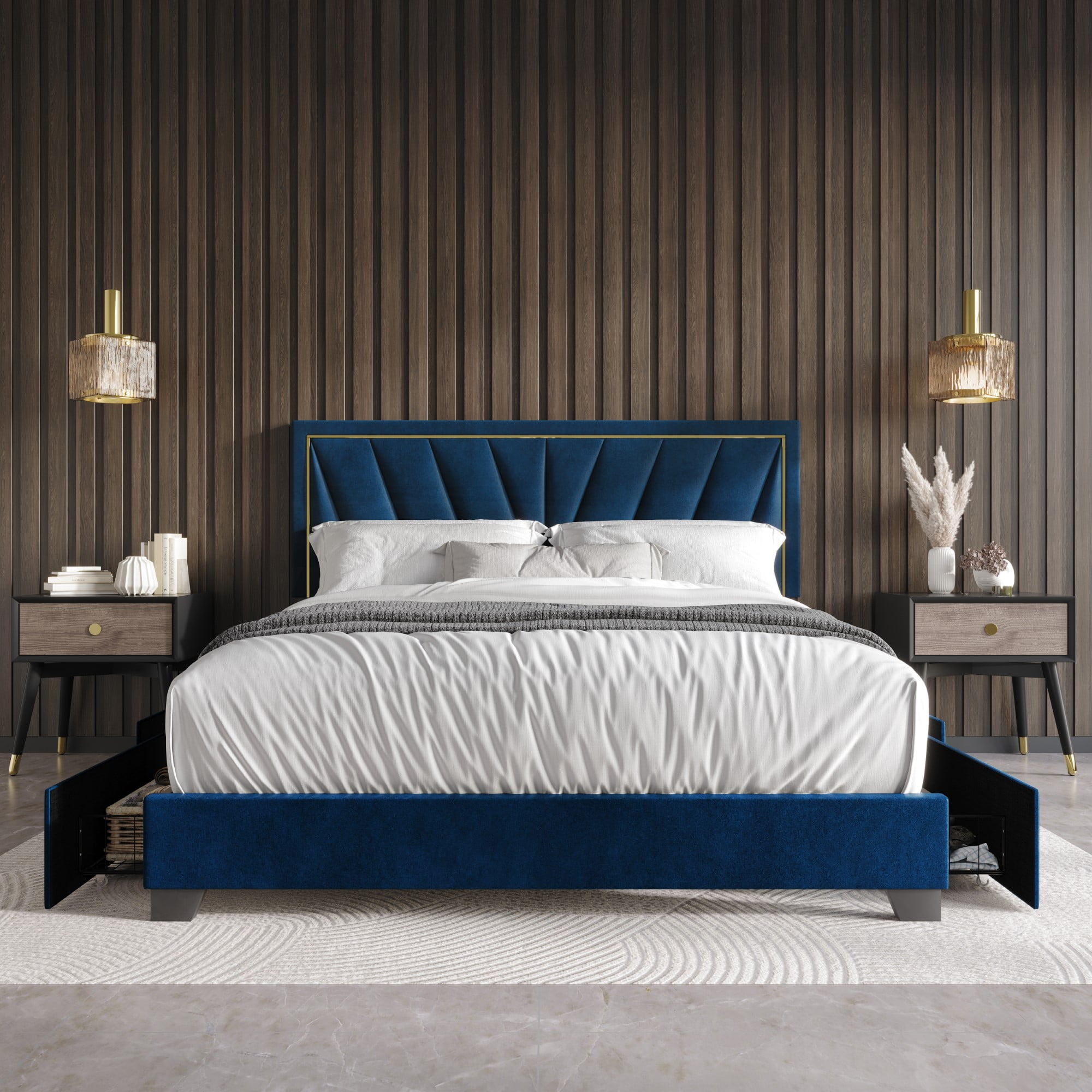 Home Design Valdez Queen Upholstered Storage Platform Bed Frame with Gold Aluminum Trim and Four Under-Drawers, Blue, Easy Assembly