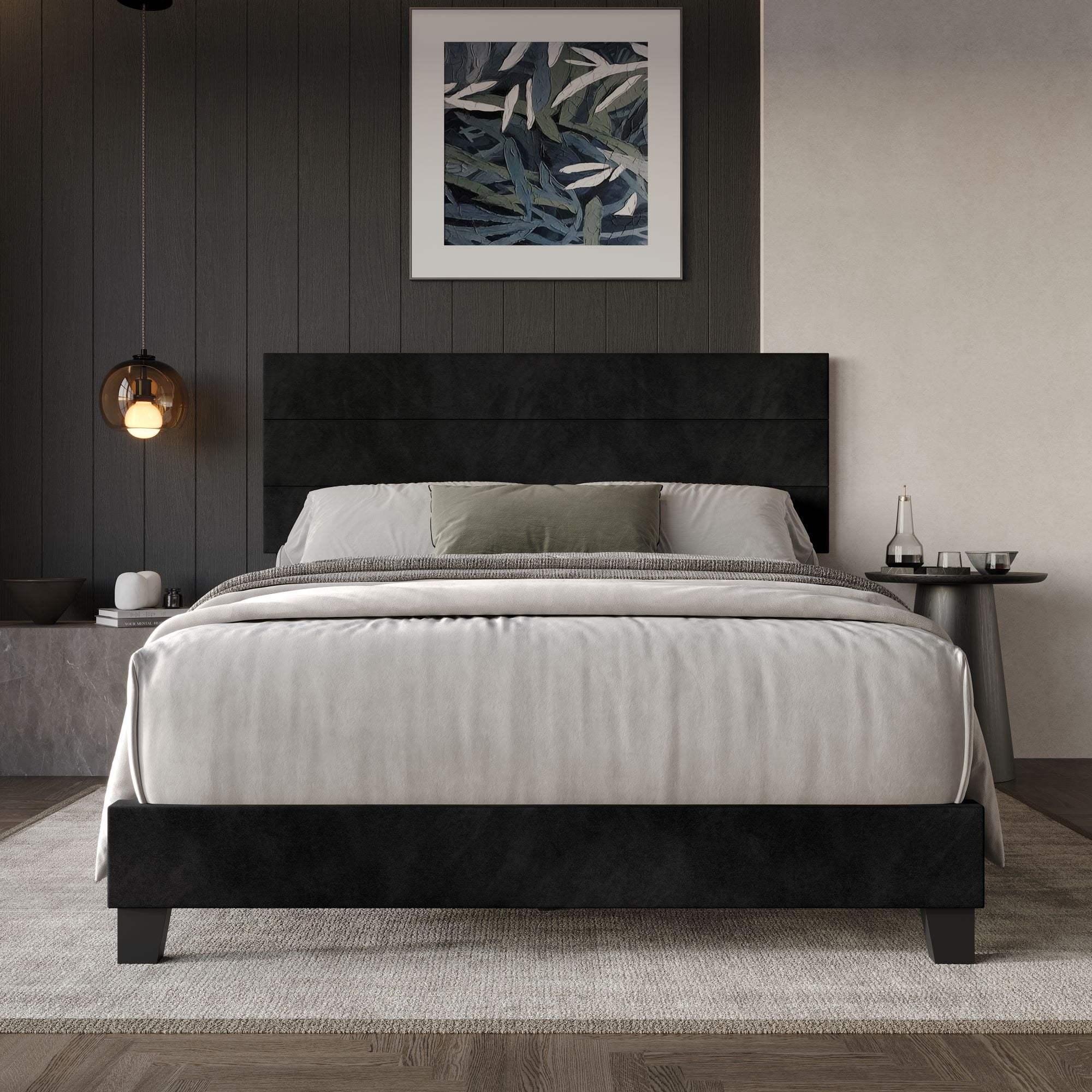 Home Design Vallejo King Velvet Upholstered Panel Bed Frame For Adult, Box Spring Required, Black
