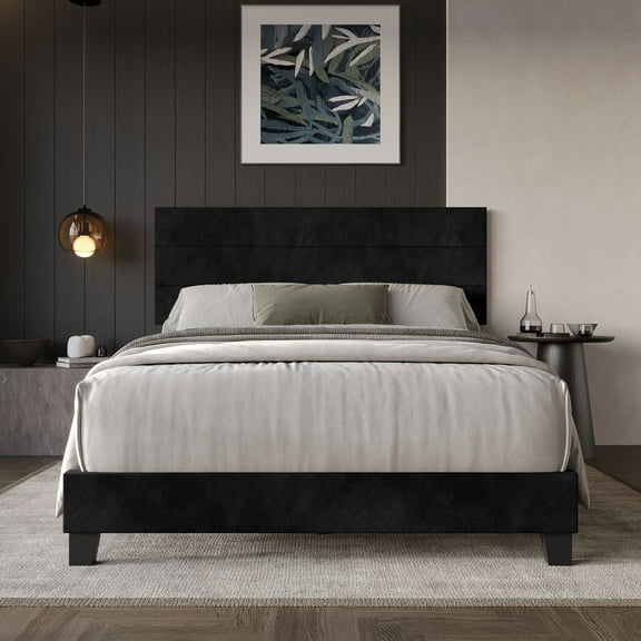Home Design Vallejo King Velvet Upholstered Panel Bed Frame For Adult, Box Spring Required, Black
