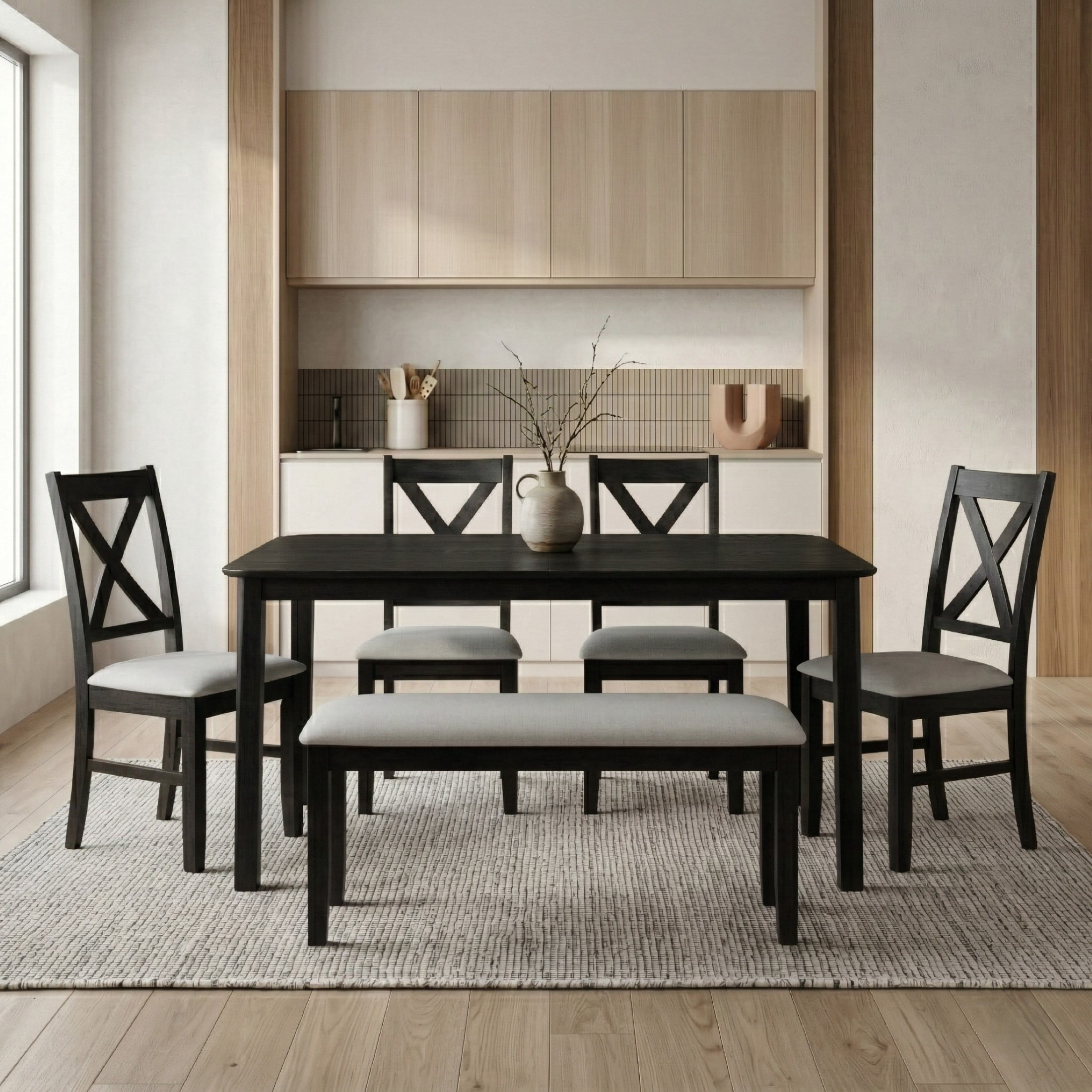 Home Design Vinita 6-Piece Dining Set with Rectangular Table, Cross Back Chairs, and Bench, Black