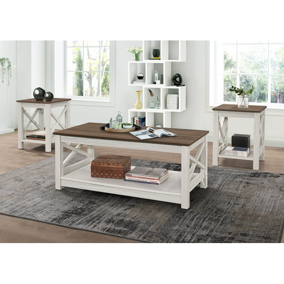Home Design Wayne 3-Piece Coffee Table Set with 1 Rectangular Coffee Table and 2 Square End Tables, X-Shaped Side Design with Open Shelf for Living Room, Natural Oak/Brown