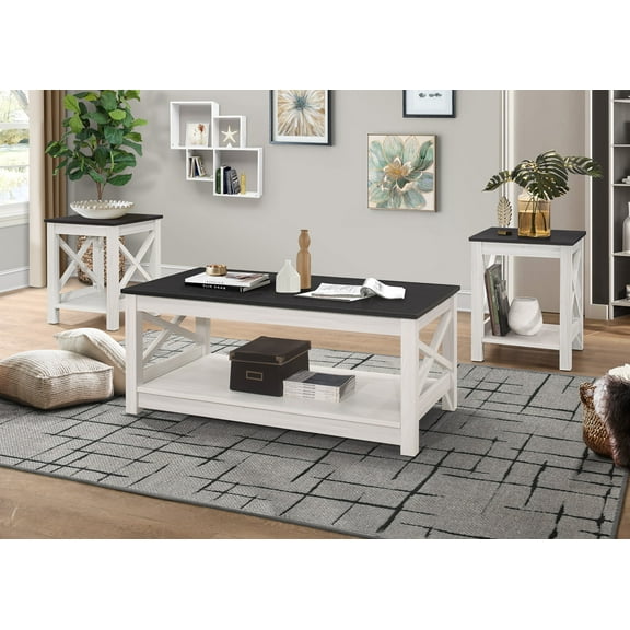 Home Design Wayne 3-Piece Coffee Table Set with 1 Rectangular Coffee Table and 2 Square End Tables, X-Shaped Side Design with Open Shelf for Living Room, Natural Oak/Black