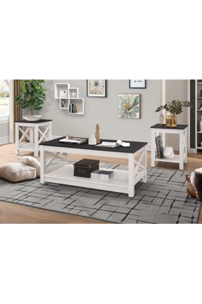 Wayne 3-Piece Coffee Table Set with 1 Rectangular Coffee Table and 2 Square End Tables, X-Shaped Side Design with Open Shelf for Living Room, Natural Oak/Black