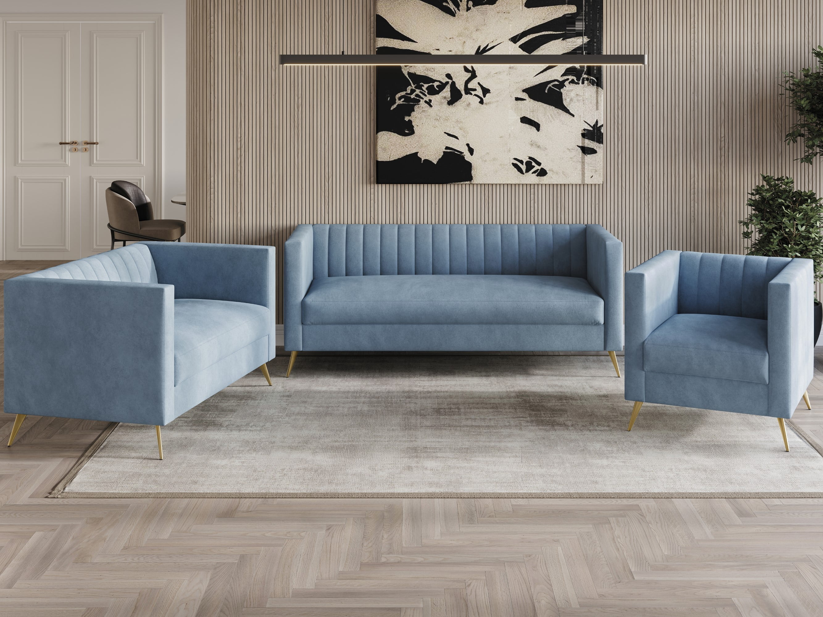 Home Design Weiss 3-Piece Velvet Square Arm Living Room Set with Sofa, Loveseat, and Armchair, Channel-Tufted Back, Gold Legs, Blue