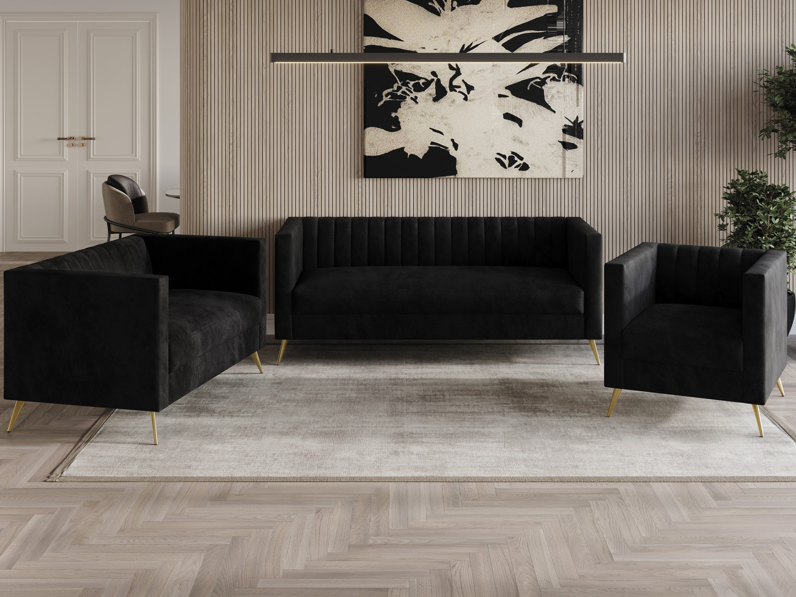 Home Design Weiss Velvet Square Arm Chair with Channel-Tufted Back and Gold Metal Legs, Modern Upholstered Living Room Seating, Black