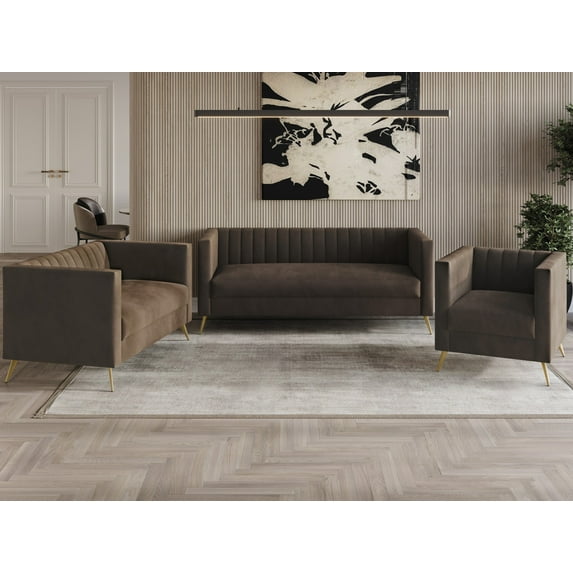 Home Design Weiss Velvet Square Arm Chair with Channel-Tufted Back and Gold Metal Legs, Modern Upholstered Living Room Seating, Brown