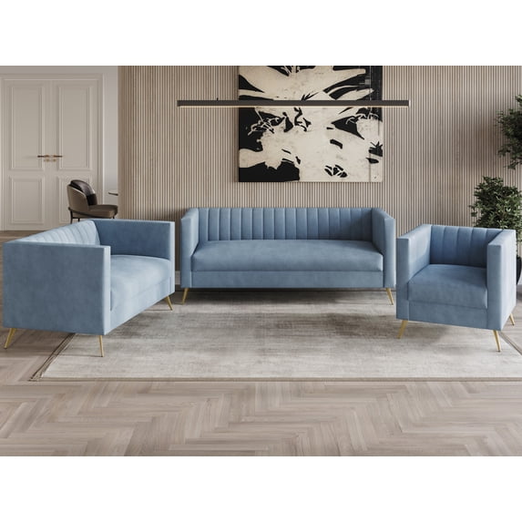 Home Design Weiss Velvet Square Arm Chair with Channel-Tufted Back and Gold Metal Legs, Modern Upholstered Living Room Seating, Blue