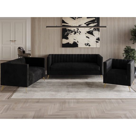 Home Design Weiss Velvet Square Arm Loveseat with Channel-Tufted Back and Gold Metal Legs, Modern Upholstered Living Room Seating, Black