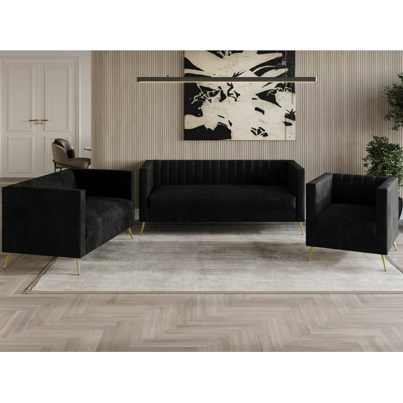 Home Design Weiss Velvet Square Arm Loveseat with Channel-Tufted Back and Gold Metal Legs, Modern Upholstered Living Room Seating, Black