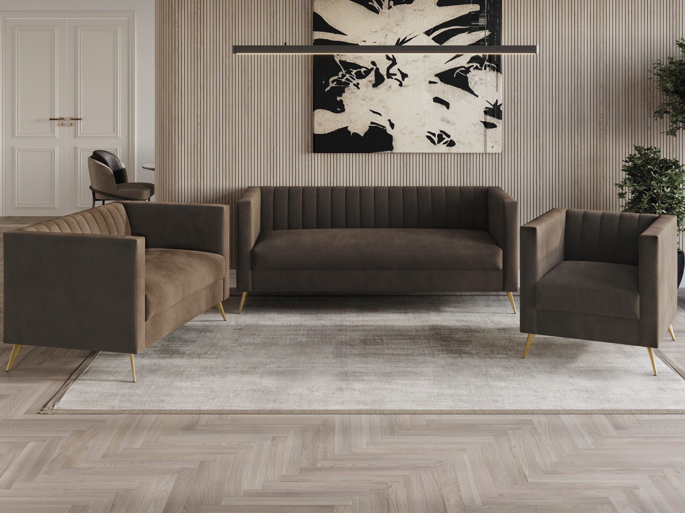 Home Design Weiss Velvet Square Arm Loveseat with Channel-Tufted Back and Gold Metal Legs, Modern Upholstered Living Room Seating, Brown