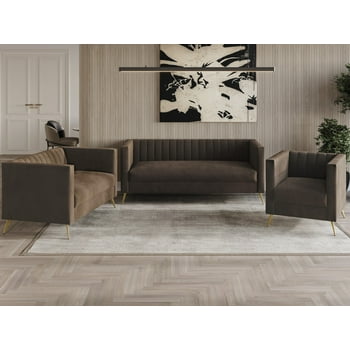 Home Design Weiss Velvet Square Arm Sofa with Channel-Tufted Back and Gold Metal Legs, Modern Upholstered Living Room Seating, Brown