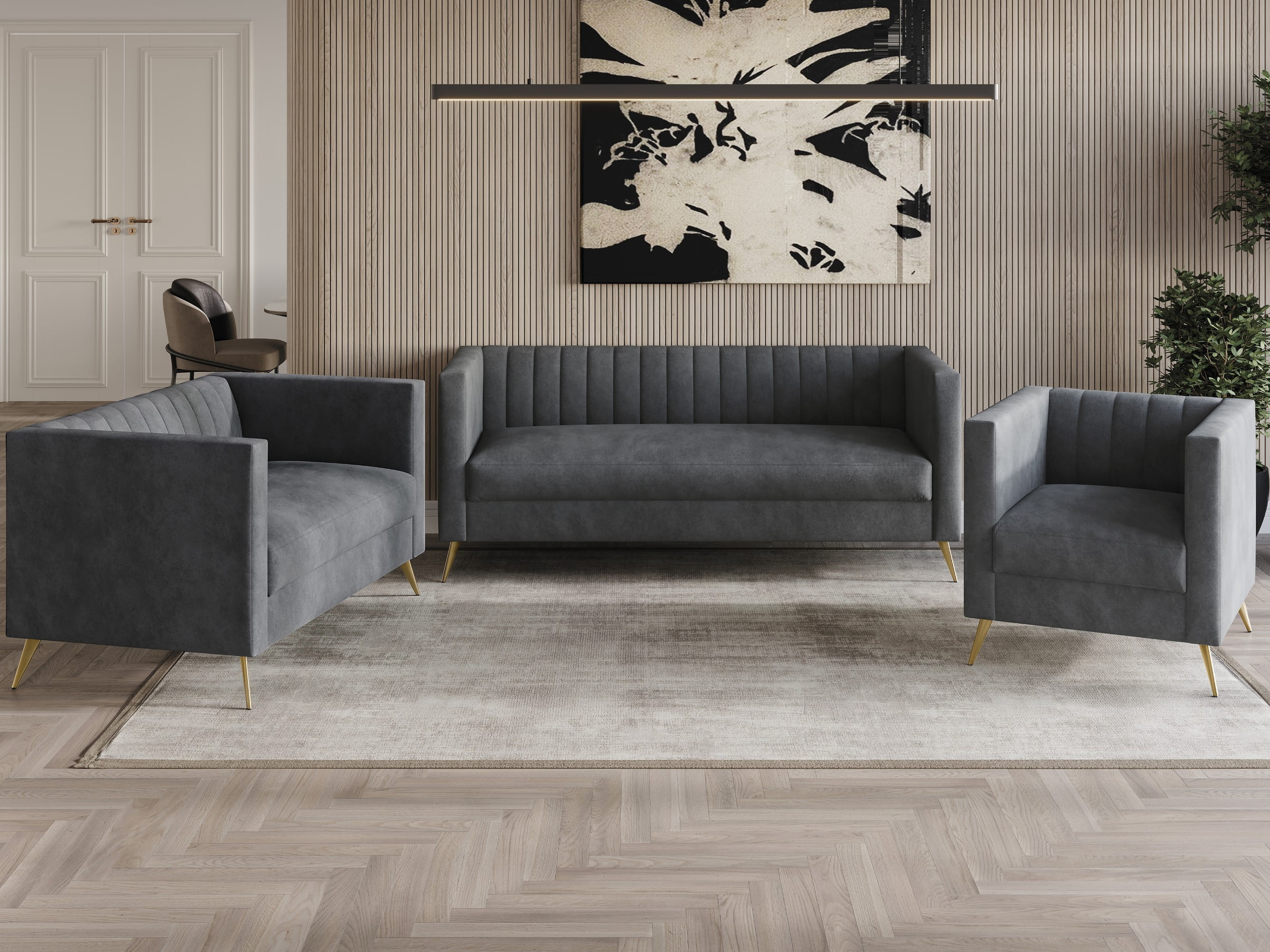 Home Design Weiss Velvet Square Arm Sofa with Channel-Tufted Back and Gold Metal Legs, Modern Upholstered Living Room Seating, Dark Gray