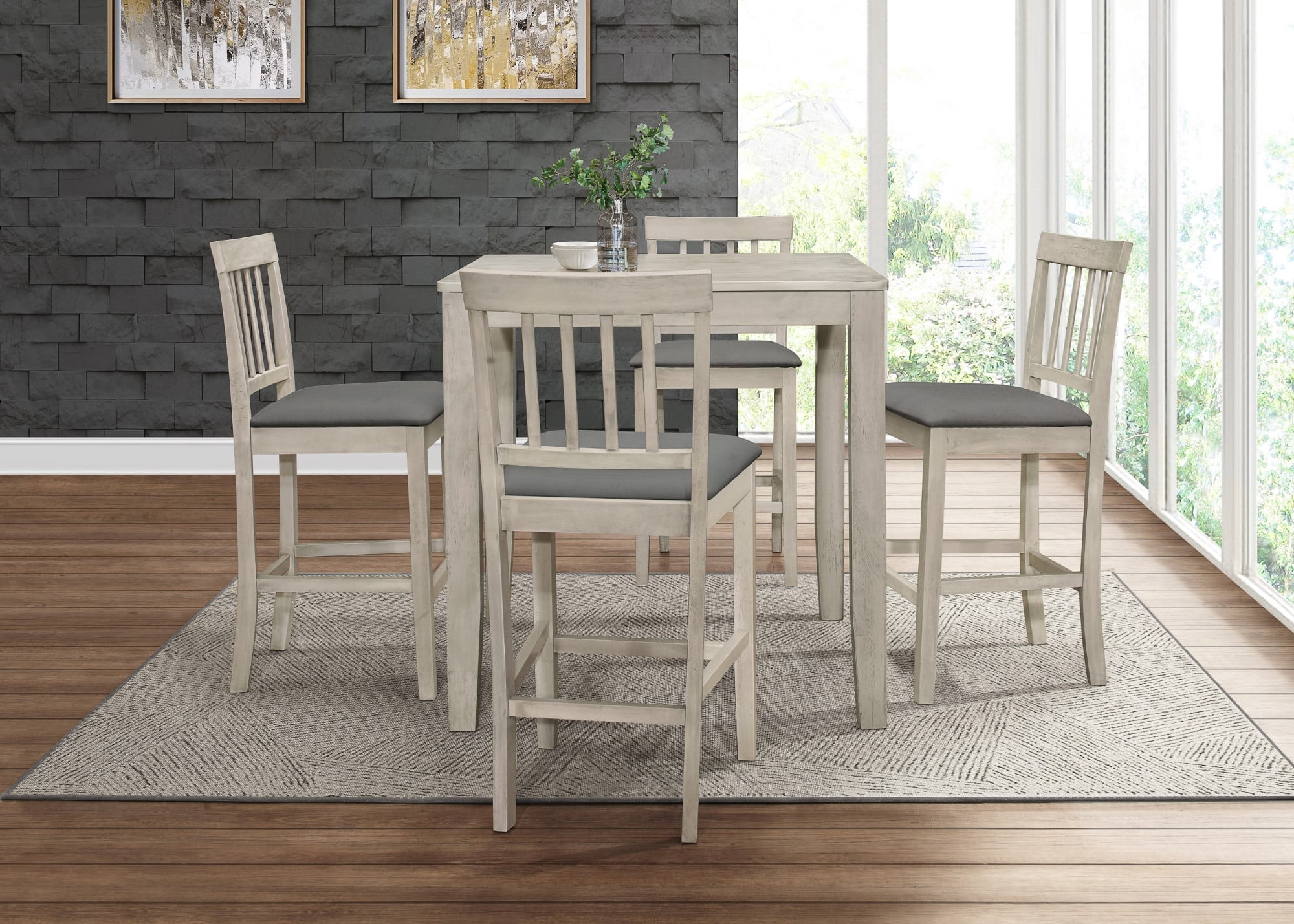 Home Design Wilder 5-Piece Counter Set, Antique Gray/Gray, Square Table with Slat-Back Cushioned Chairs, Modern Minimalist Style