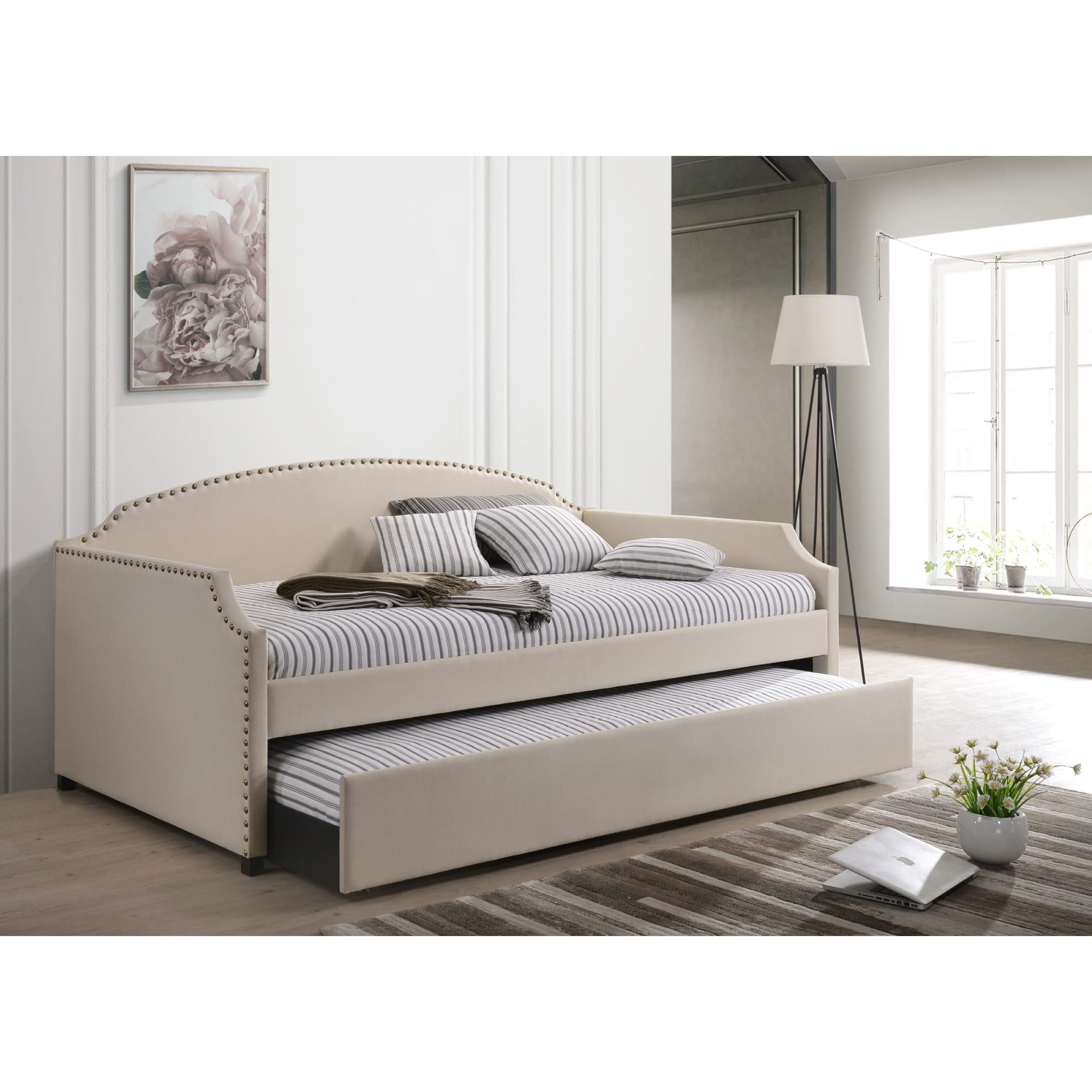 Home Design Yamna Twin Daybed with Linen Upholstery, Pull-Out Trundle, and Nailhead Trim, Stylish and Comfortable Design for Bedroom, Beige