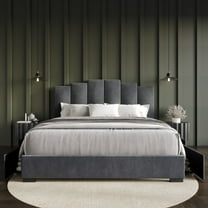 Home Design Yuma Full Upholstered Storage Platform Bed Frame with Stepped Headboard Design and Four Under-Drawers, Dark Gray, Easy Assembly