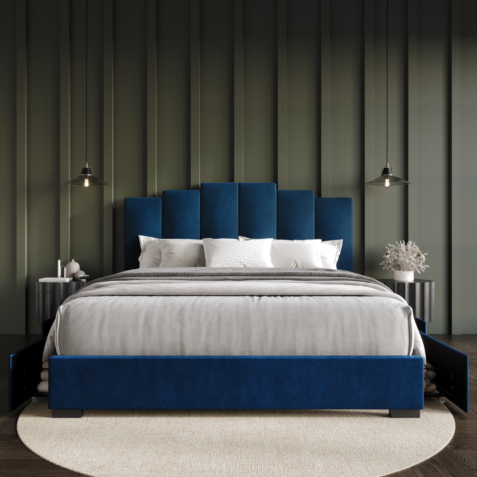 Home Design Yuma Queen Upholstered Storage Platform Bed Frame with Stepped Headboard Design and Four Under-Drawers, Blue, Easy Assembly