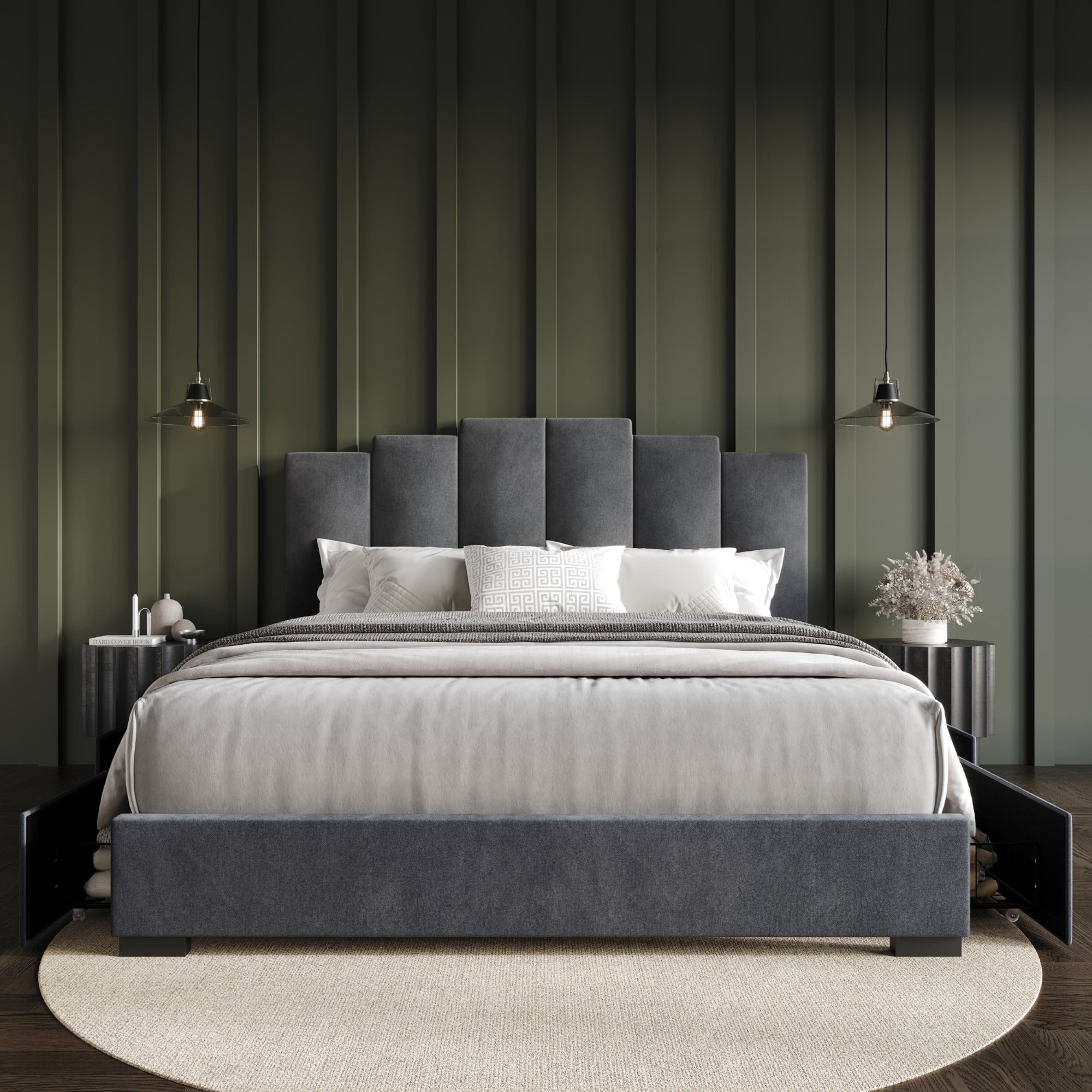Home Design Yuma Queen Upholstered Storage Platform Bed Frame with Stepped Headboard Design and Four Under-Drawers, Dark Gray, Easy Assembly